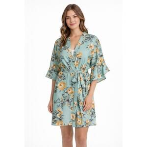 Birdy Grey Floral Kimono-Style Robe – Mint & Mustard size XS